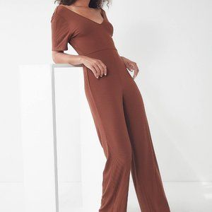 UO Ribbed Knit V-Neck Jumpsuit Brown